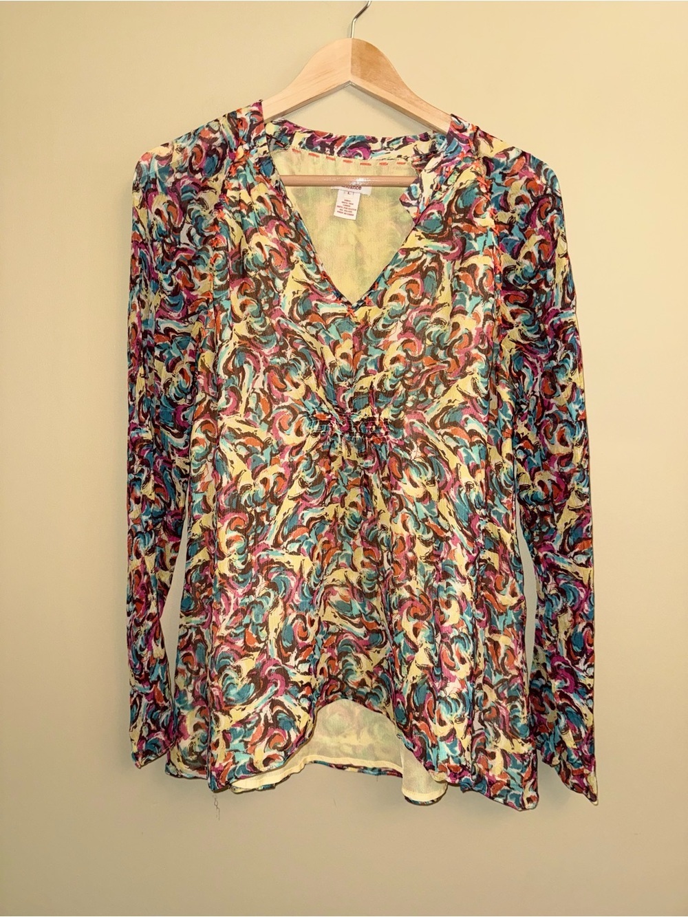 Sundance Long Sleeve Floral Silk Top L Baby Doll Tunic High Low Whimsical Flowy